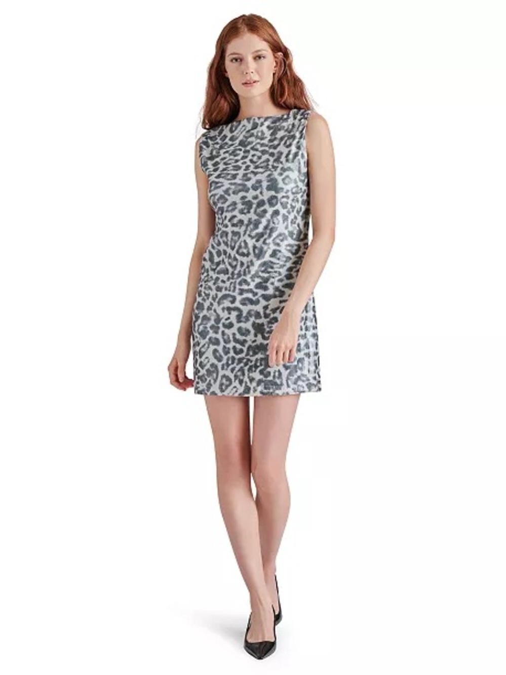 Steve Madden Grey and White Leopard-Print Sleeveless Mini Dress